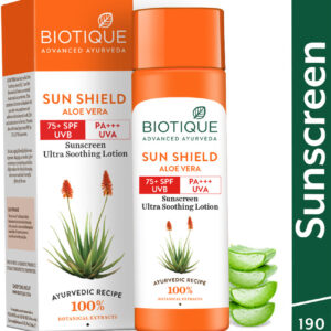 BIOTIQUE Sunscreen - SPF 75+ PA+++ Sun Shield Aloe Vera Lotion UVB/UVA |Ultra Soothning Sunscreen|For men & Women  (190 ml)